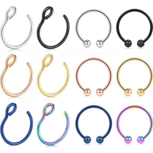 Fake Nose Ring Hoop Face Septum Rings Non Piercing Jewelry Faux Lip Hoop NonPierced Clip On Earrings Cuff Rose Gold Black