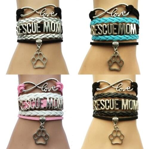Drop Shipping Infinity Love Rescue Mom Bracelet- Animal Dog or Cat Pet Puppy Paw Leather Braid Handmade Friendship Gift