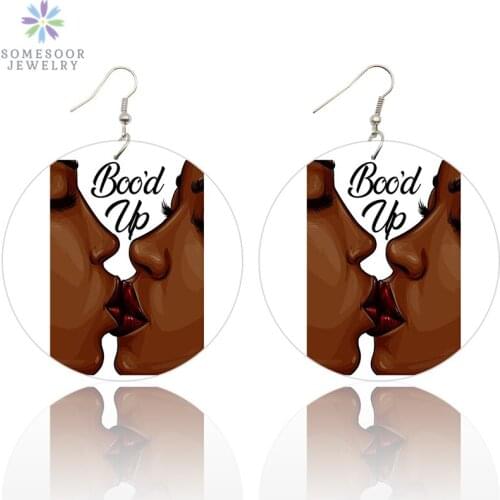 SOMESOOR 6cm Flat Round Boo'd up Women Natural Wood Dangle Earrings African Black Photos Dangle Jewelry For Women Gifts