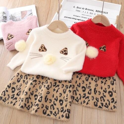 2020 2-6Y autumn new baby kids winter clothes girls sets baby retro leopard print sweater + leopard skirt Girls children Outfits