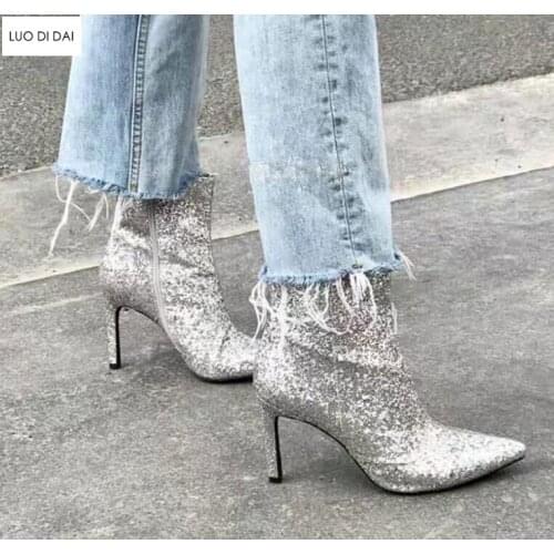 2020 super glitter women ankle boots thin heel sequin booties party shoes ladies point toe booties zip up bling gladiator boots