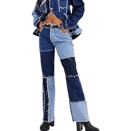 Woman Jeans Patchwork High Waist Vintage Flare Jeans Sexy Ladies Jeans Splicing Burrs Bottom Jean Denim Pants Trousers Fashion
