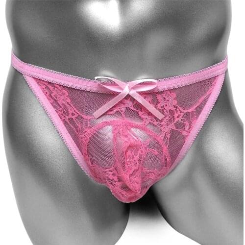 Sissy Thong Panties with Penis Pouch Sexy See Thru Mens Bikini Floral Lace Lingerie Underwear Open Back Bikini Male Panties