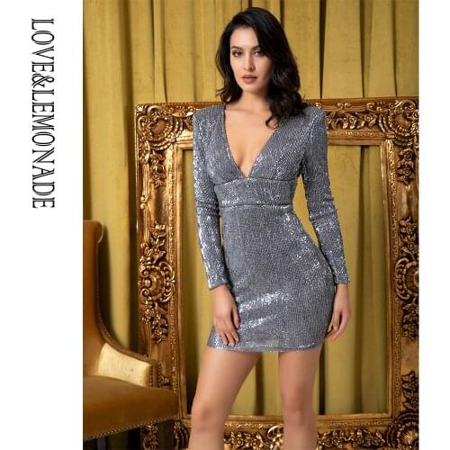 LOVE&LEMONADE Sexy Rose Gold Deep V-neck Open Gary Slim Fit Elastic Sequins Party Mini Dress LM81763
