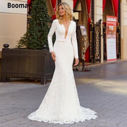Booma Mermaid Wedding Dresses Lace with Long Sleeve V-neck illusion Boho Bridal Gown Princess Party Dresses Elegant Sweep Train