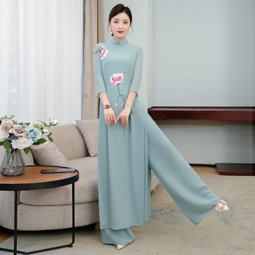 2021 modern cheongsam aodai vietnam aodai set qipao long oriental dress women mandarin collar floral print party dress top+pants