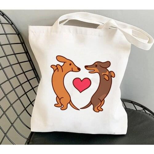 2021 Shopper Cute cartoon Dachshunds in love Tote Bag women Harajuku shopper handbag girl Shoulder shopping bag Lady Canvas Bag