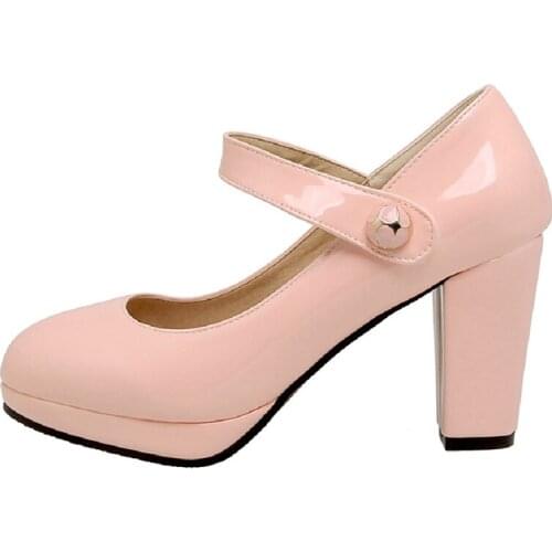 Elegant Womens High Heels Mary Janes Shoes Patent Red Pink White Heeled Party Wedding Shoes Female Dress Pumps Large Size