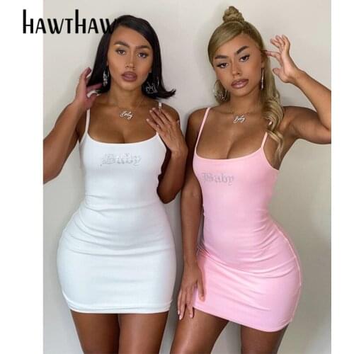 Hawthaw Women Summer Sexy Party Letter Print Bodycon Soild Color Package Hip Mini Tank Dress Sundress 2021 Female Clothing