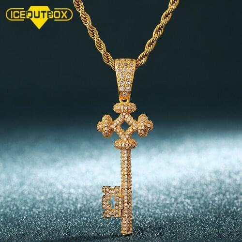 ICEOUTBOX Micro Pave Zircon Key Shaped Pendant For Women Mens Hip Hop Jewelry Both Side With Crystal Bling Party Jewlery Gifts