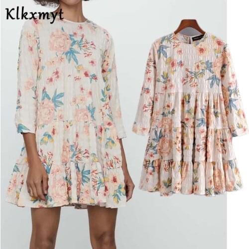 Klkxmyt New Women Vintage O Neck Flower Print Pleated Mini Za Dress Ladies Long Sleeve Vestido De Fiesta De Noche Vestidos
