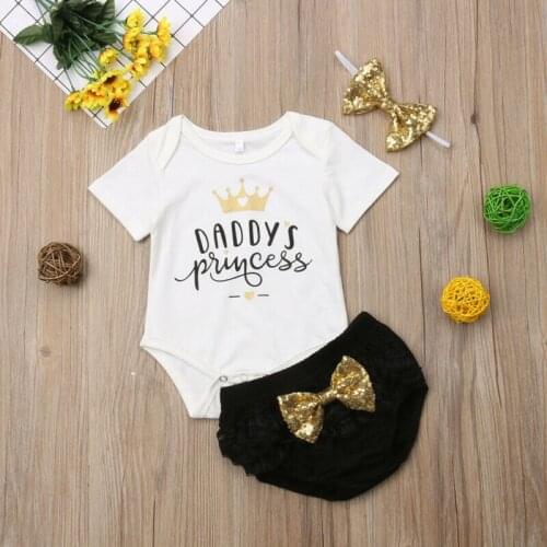 0-18M Newborn Baby Girls daddy´s princess Letter prints Romper Short Sleeve Tops Jumpsuit Tutu Pants Headband Outfits Summer