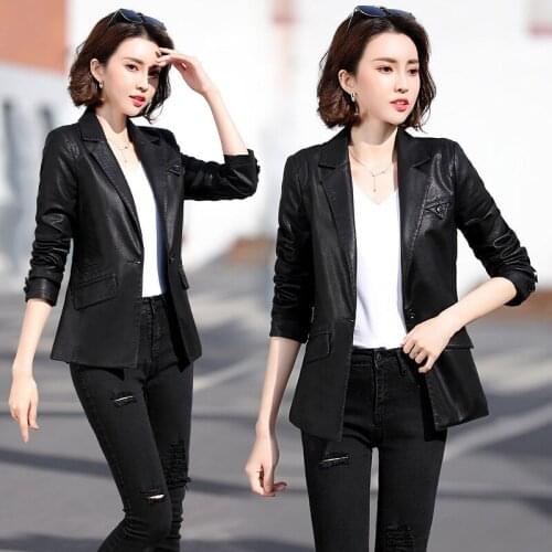 Pu Leather Jacket Female Spring New Suit Collar Single Button Back Slit Top Temperament OL Style Imitation Leather Jackets y1017
