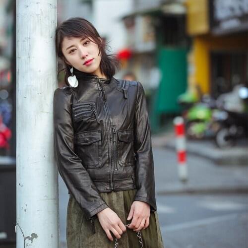 Womens Real Leather Jacket Short 100% Sheepskin Coat Women 2020 Spring Motorcycle Biker Jacket Korean Slim Fit QBL-05 KJ6151