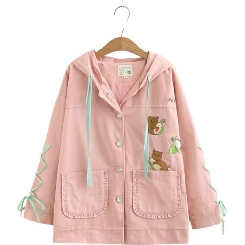 Lace Up Hooded Jacket With Cartoon Embroidery For Women Female Coat Womens 2020 Summer Jacket Casaco Feminino Jaqueta Feminina
