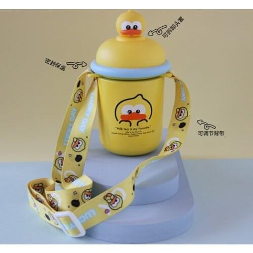 Small Thermos Mug Stainless Steel Cute Student Cartoon Water Bottle Thermal Cup with Strap