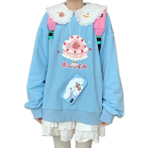 Preppy Style Sweet Kawaii Bear Embroidery Hoodies Lace Ruffles Peter Pan Collar Cute Pullovers Sweatshirt Cherry Cake Print Tops