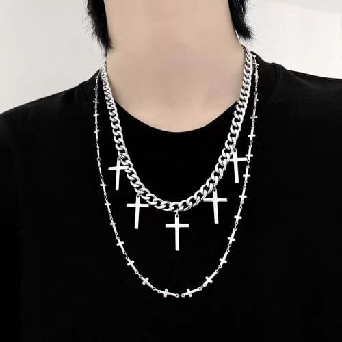 Trendy Hip hop Cross Pendant Necklaces Femme Bijoux Punk Silver Color Double Layer Chain Statement Collares Necklace For Women