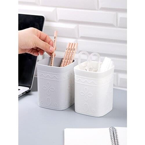 Office Accessories Square Flower Pattern Small Pencil Holder Plastic Multifunctional Pen Stand Desk Stationary Organizer