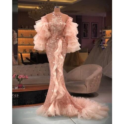 Luxurious Pink Mermaid Prom Dress Removable Long Sleeves Lace Sequins Evening Gowns Front Split Women Formal Party Wear