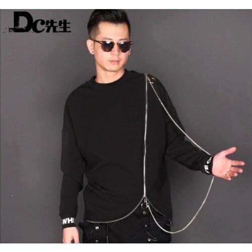 S-2xl Mens Winter Loose Long-sleeved T-shirt Tide Male Hair Stylist Diagonal Zipper Irregular Titanium Steel Chain T-shirt