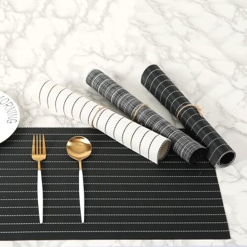 PVC Striped Placemat Classic Black White Rectangle Mat Linen look Table Mat Non-slip Pad For Dining Bowl Drink Cup Coaster