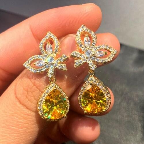 Huitan Gorgeous Dangle Earrings Women For Wedding Party Bright Yellow Cubic Zirconia Elegant Female Accessories Fashion Jewelry