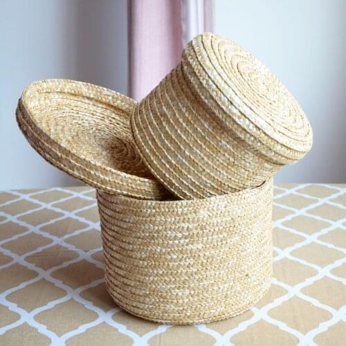 Handmade Straw Woven Storage Basket With Lid Snack Organizer Storage Box Laundry Baskets Rattan Storage Flower Baske