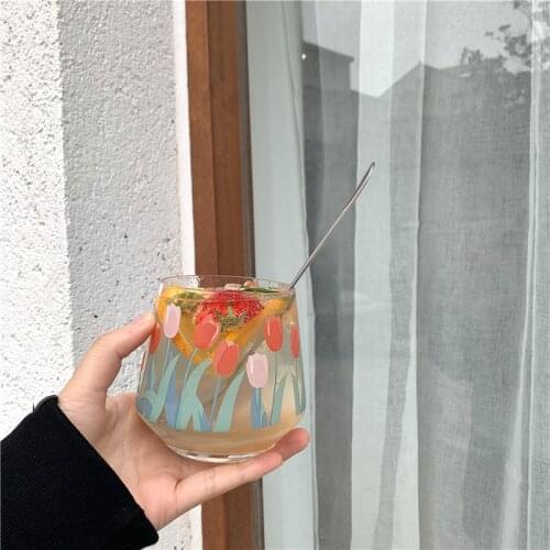 Modern Hand-painted Tulip Flower Glass Cup Red Letter printed milk cup Big Belly Mousse Cup for Household ransparent Drink Cup