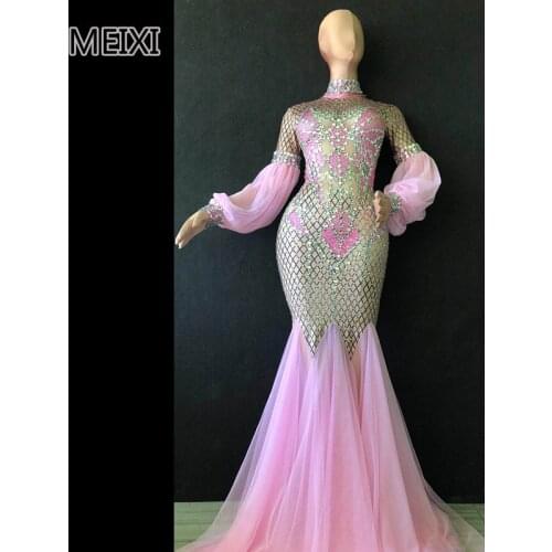 Super shiny pink glass diamond rhinestone elastic dress bar nightclub concert singer dancer costume