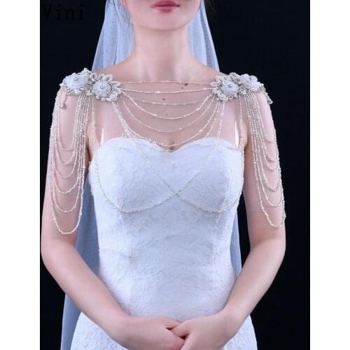 JaneVini Bridal Shoulder Chain Handmade Flowers Beading Crystal Ribbon Necklace Noble Wedding Body Chain Necklace Jewelry Straps