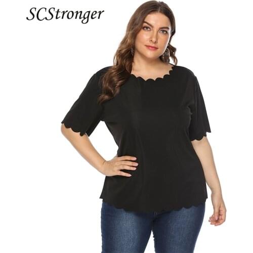 SCSTRONGER Summer Fashion Plus Size Womens Wave Side Wild T Shirt Round Neck Short leeved Solid Color Top Blusas y Camisas