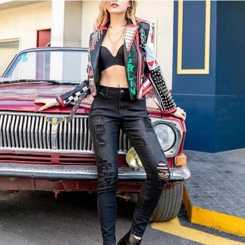 European Station Leather Jacket Womens Spring And Autumn 2021 New Print Color Contrast Rivet Rock Street Explosion Motorcycle