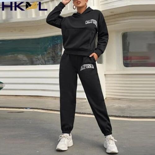 Women Two Piece Suits Full Sleeve Hooded Sweatshirts & Jogging Long Sweatpant Letter Print Casual Street Tracksuits
