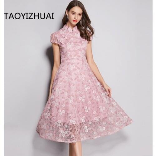 TAOYIZHUAI Summer New Arrival Chinese Style Cheongsam Elegant Fit and Flare Large Size Bow Collar Floral Lady Lace Dress 11714