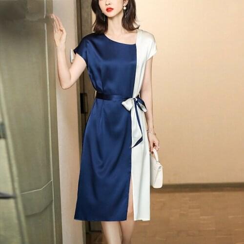 2021 New Summer Women Fashion Parchwork Elastic Waist Dresses Ladies Elegant Vestidos Female Outerwear Solid Silk Slim Dress B95