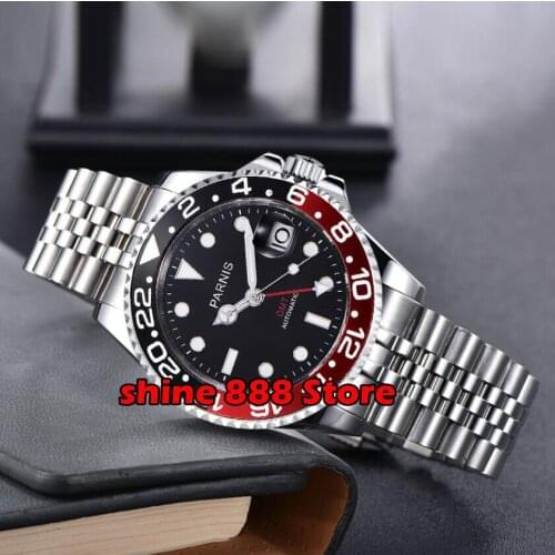 40mm PARNIS black dial red black bezel Sapphire glass GMT automatic mens watch
