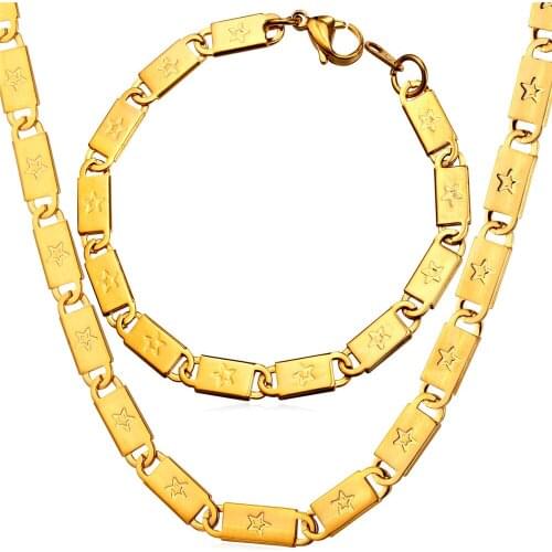 Collare Star Chain Jewelry Sets For Men 316L Stainless Steel Gold Color Box Link Chain Bracelet Necklace Set Men Jewelry S103