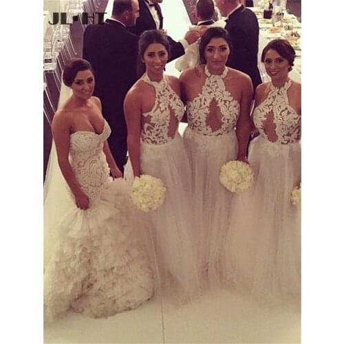 Illusion White Lace Wedding Party Dress Halter Bridesmaid Dresses Long Floor Length Tulle Bridesmaid Dress for Wedding