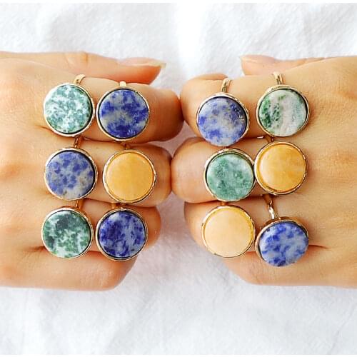 SAY 1PC Inlaid Ring Geometric Yellow Jades Topazs Tree Agate Tumbled Sodalite Stone Ring Opening Adjustable Ring Jewelry 3COLROS