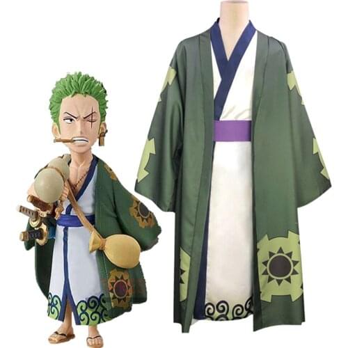 One Piece Roronoa Zoro Cosplay Costume Kimono Robe Full Suit ONE PIECE Slicked-back green wig Short Layer Roronoa Zoro Comic Wig