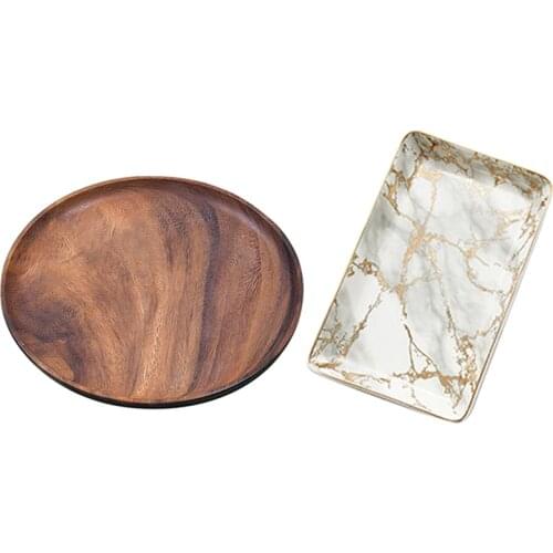 Round Solid Wood Board Whole Acacia Wood Fruit Plate Wooden & Gold Marbled Ceramic Dessert Steak Salad Snack Cake Tray