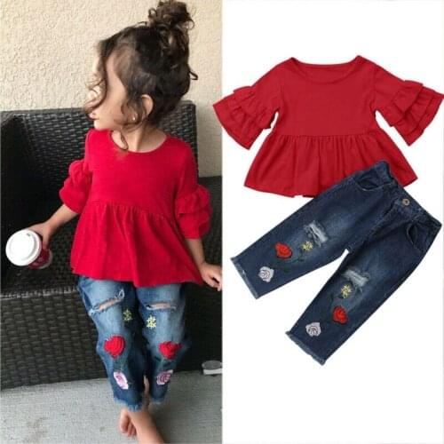Summer Toddler Kid Baby Girls Clothes Flare Half Sleeve T Shirts Tops Denim Jeans Long Pants 2PCS Sets Child Girl Outfit 1-6Y