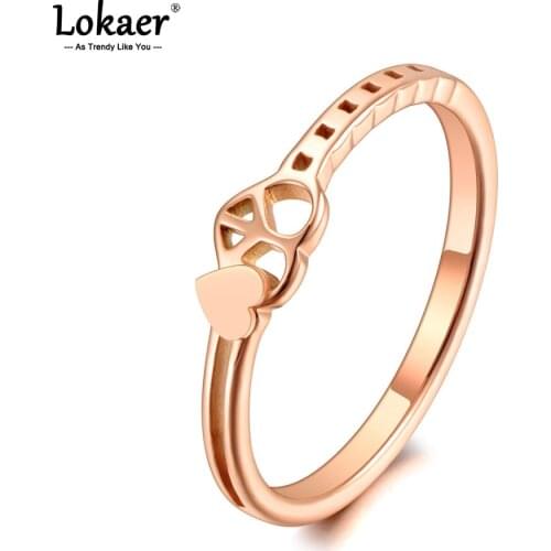 Lokaer Rose Gold Stainless Steel Double Heart Rings Jewelry For Mom Trendy Peace Sign Party Finger Ring Кольцо Женское R21004