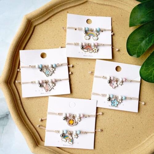 Meetvii Cute Ceramic Beads Cartoon Animal Charm Bracelets Hand-Wowen Rainbow Flower Butterfly Bell Bracelets for Girl Child