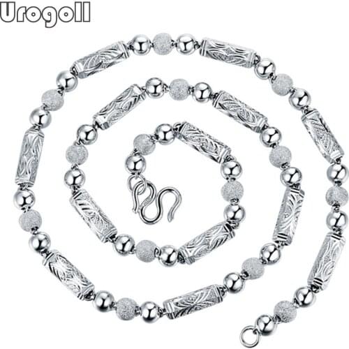 Genuine 925 Sterling Silver Chain For Men Fine Jewelry Genuine Silver Bead Hexagonal Tube Frosted Rough Necklace For Boys Male