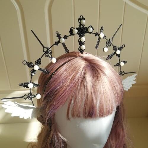 New Lolita Pearl Headwear Crown Gothic Wings Goddess Virgin Mary Hair Cosplay Punk Props Baroque Tiara Notre Dame Halo Headdress