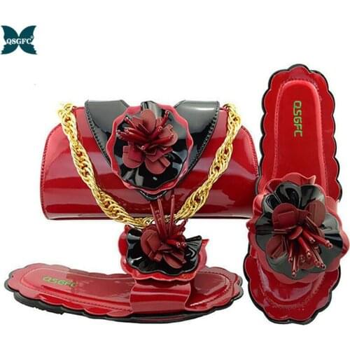New Arrival Italian design Wine Shoes with Matching Bag Set Decorated with Flower Shape Shoe and Bag Set To Match for Party