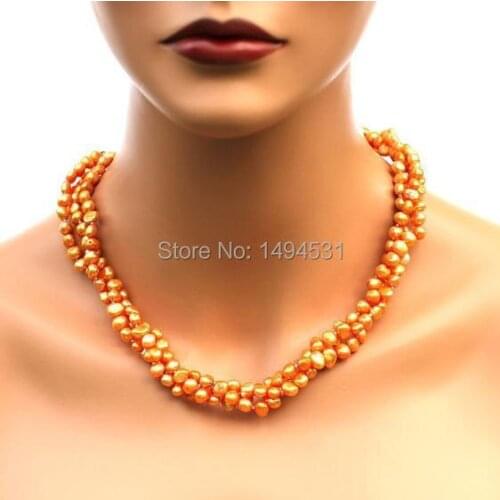 Wholesale Pearl Jewelry - Orange Yellow 3 Strands Baroque Genuine Freshwater Pearl Necklace Earrings - Handmade Jewelry Set
