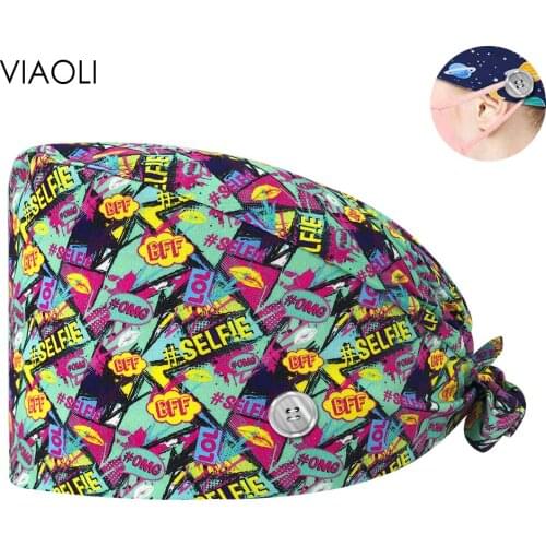 Adjustable Laboratory Work Hat Cotton Cartoon Cute Baotou Scrubs Cap Pet Printing Work Cap Medical Dust Hat Unisex Frosted Caps